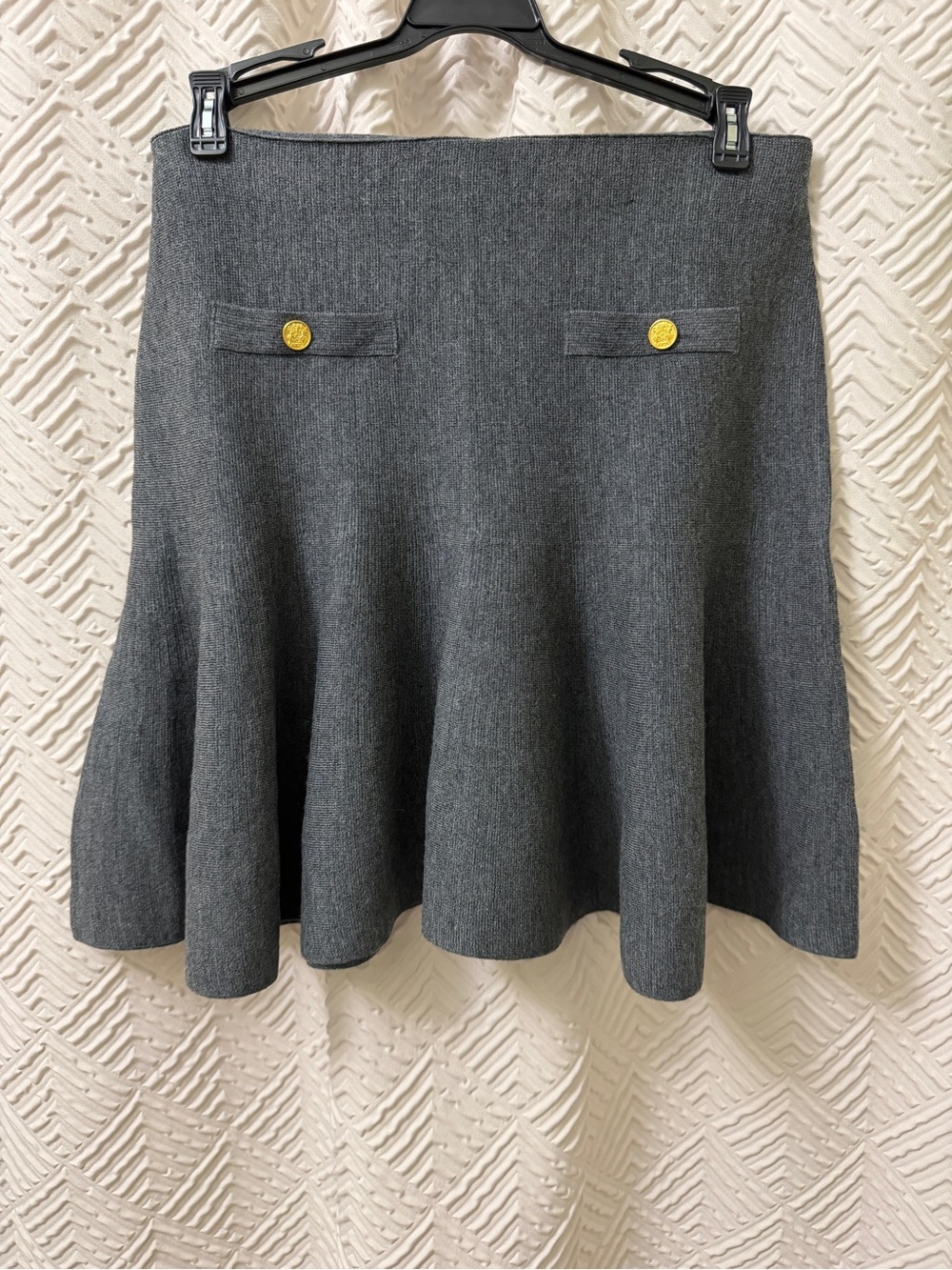 J. Crew Gray Flared Wool Knit Skirt with Gold Button Detail